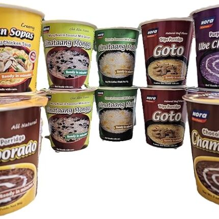 LuzViminda | Authentic Filipino StoreNora Pack of 12 Chocolate Champorado 2, Chicken Sopas 2, Ginataang Monggo 2, Ginataang Mais 2, Beef Goto 2, Ube Champorado Net Wt 2.6oz Each