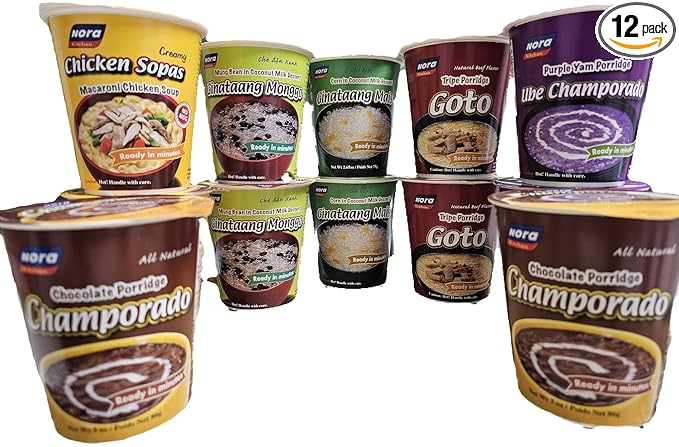 LuzViminda | Authentic Filipino StoreNora Pack of 12 Chocolate Champorado 2, Chicken Sopas 2, Ginataang Monggo 2, Ginataang Mais 2, Beef Goto 2, Ube Champorado Net Wt 2.6oz Each