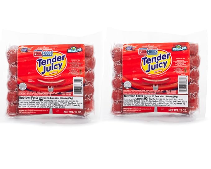 LuzViminda | Authentic Filipino StorePurefoods Tender Juicy Hot Dog, Regular, Frozen 12 oz, 2 Packs, Filipino Favorites