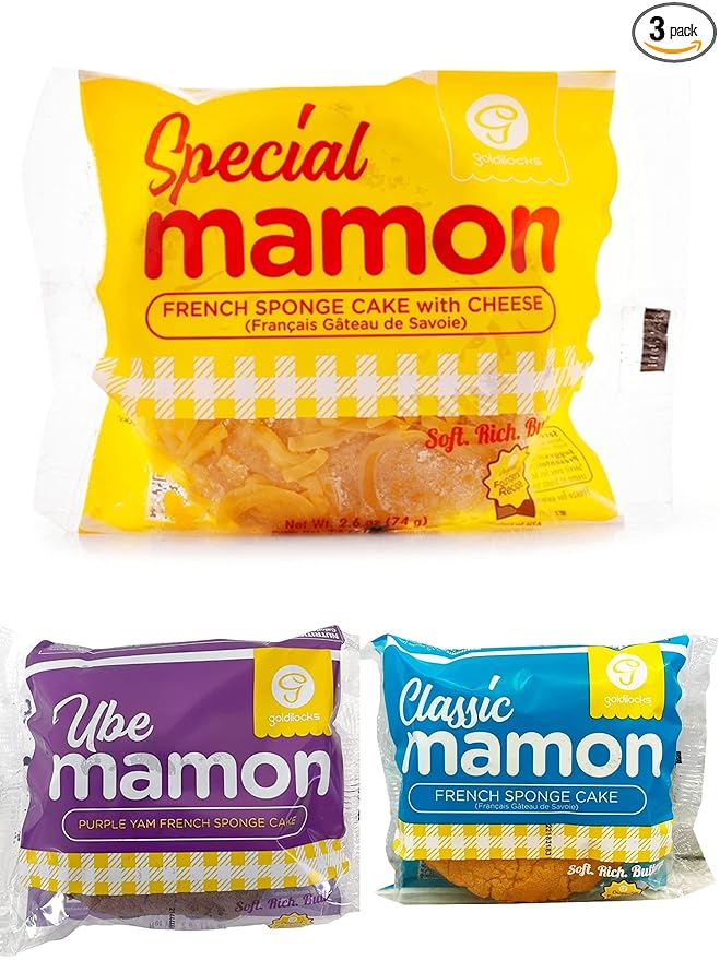 LuzViminda | Authentic Filipino StorePACK OF 3 Goldilocks Mamon Classic , Mamon Special and Mamon Ube (French Sponge Cake) 2.6oz / 27g